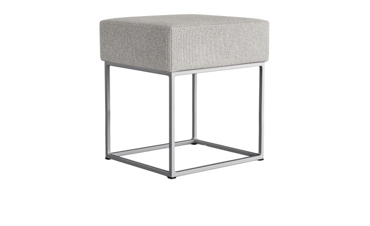 Nachttisch Tokio – quadratischer Hocker mit hellgrau gepolstertem Sitz und einem schlanken Metallgestell.
