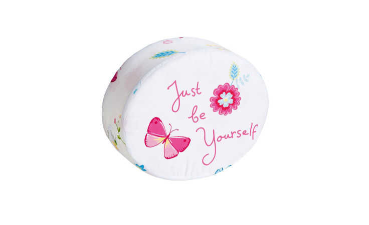 Rundes weißes Steckkissen Just be yourself mit rosa Schmetterlingen, Blumen und dem Motiv "Just be Yourself" als Akzent.