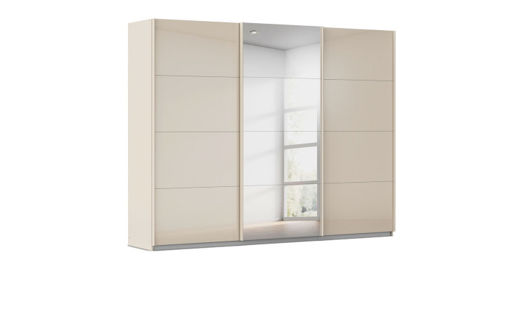 Schwebetürenschrank Kiel in der Farbe Champagner mit einer Spiegeltür, Schrägansicht