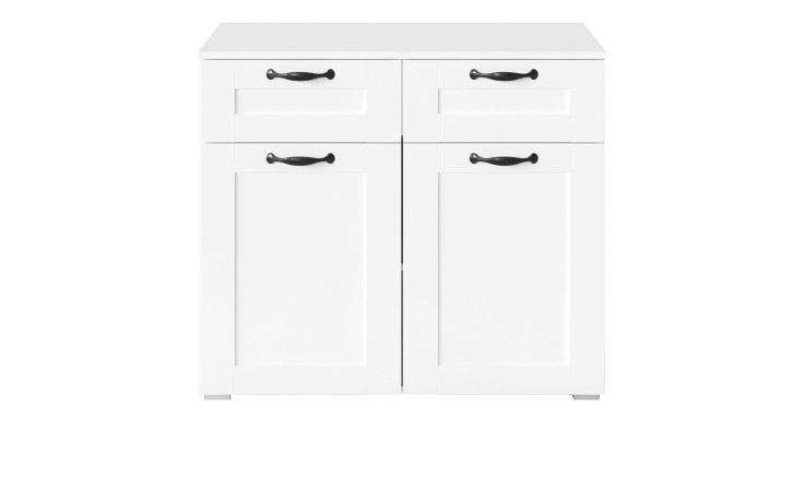 Kommode Antigua aus Holzwerkstoff in Alpinweiß mit schwarzen Griffen.