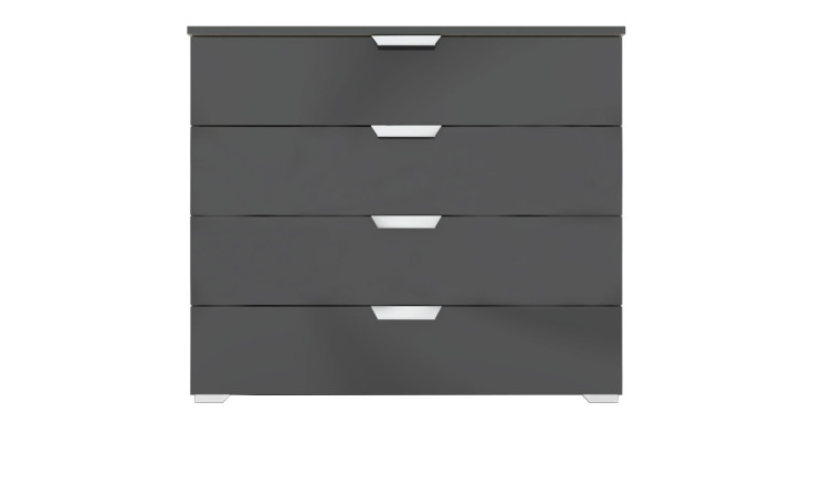 Kommode Antigua mit einer Front mit Glasauflage in Basalt und einem Korpus in Grau-Metallic.