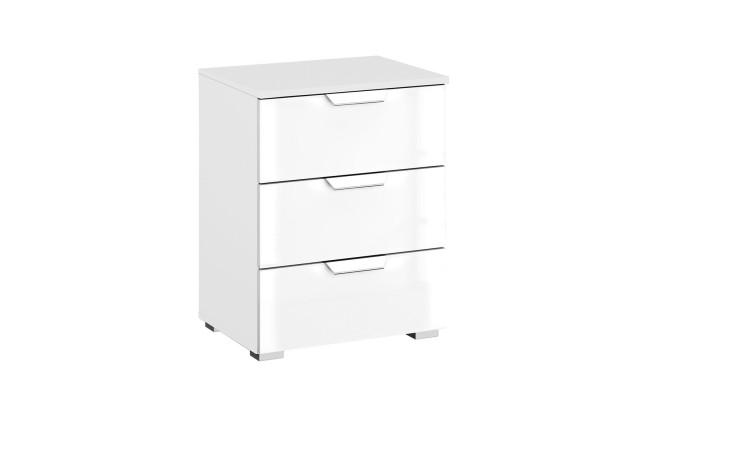 Nachttisch Antigua mit Front in Glas weiß und Korpus in weiß, mit 3 Schubkästen, Griffe chromfarbig