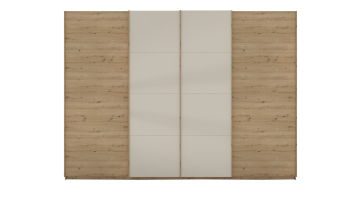 Schwebetürenschrank Silvio aus Holzwerkstoff in Eiche Artisan mit einer Absetzung im Champanger Farbglas.