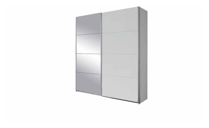 Schwebetürenschrank Queen  mit einer Front in weiß Hochglanz und spiegelglas und einem Korpus in Alpinweiß.