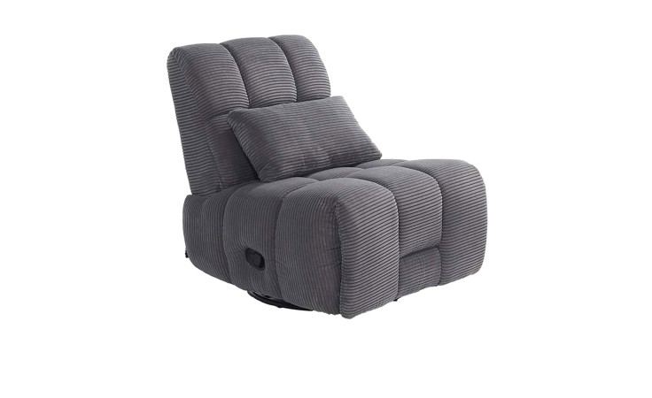 Relax-Sessel in grauem Cordstoff bezogen mit einem Zierkissen.