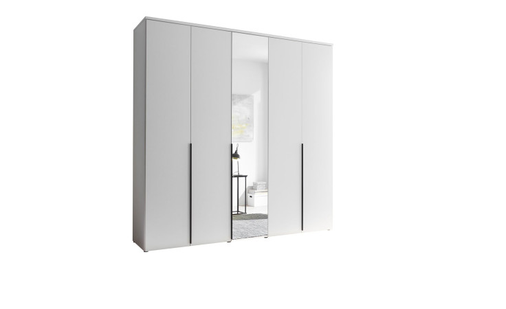 Kleiderschrank mit 4 Holztüren und einer Spiegeltür, seitliche Ansicht