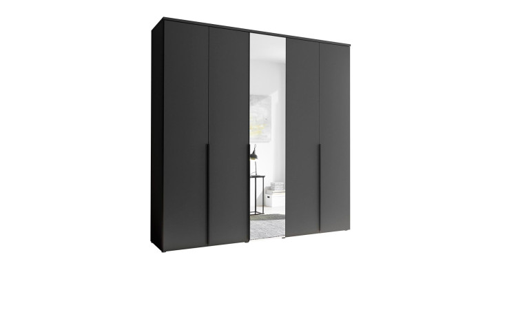 Kleiderschrank in Graphit mit vier Holztüren und einer Spiegeltür