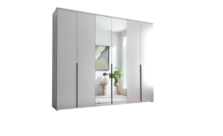 Kleiderschrank in Weiß 6-türig davon vier Holztüren und zwei Spiegeltüren,seitliche Ansicht