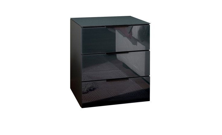 Nachttisch Patty in graphit. Front und Deckplatte aus Glas. 3 Schubkästen mit schwarzen Kunststoffgriffen. Schräg von der Seite abgebildet.