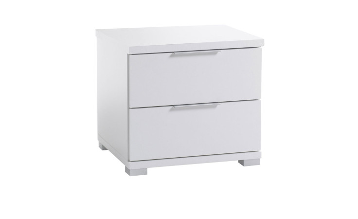 Nachttisch Svenja in weiß. 2 Schubkästen mit Kunststoffgriffen. Schräg von rechts abgebildet.
