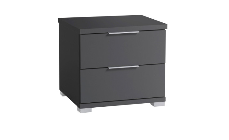 Nachttisch Svenja in graphit. 2 Schubkästen mit Kunststoffgriffen. Schräg von rechts abgebildet.