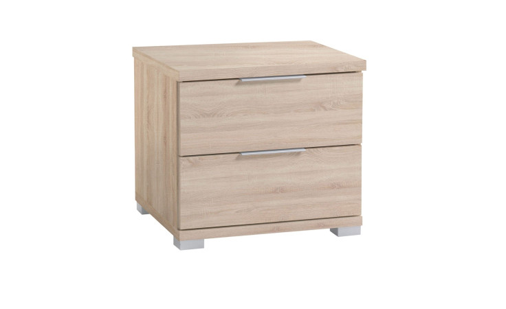 Nachttisch Svenja in der Farbe Eiche Sonoma. 2 Schubkästen mit Kunststoffgriffen. Schräg von rechts abgebildet.