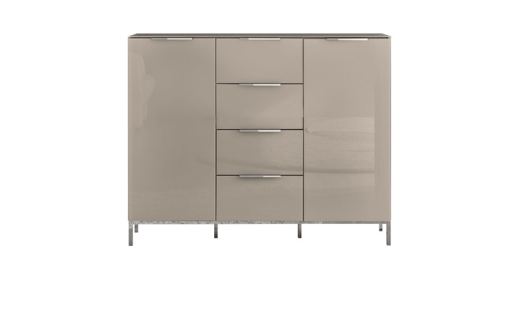 Kommode Bergamo in Kaschmier mit Glasauflagen, 2 Türen und 4 Schubladen