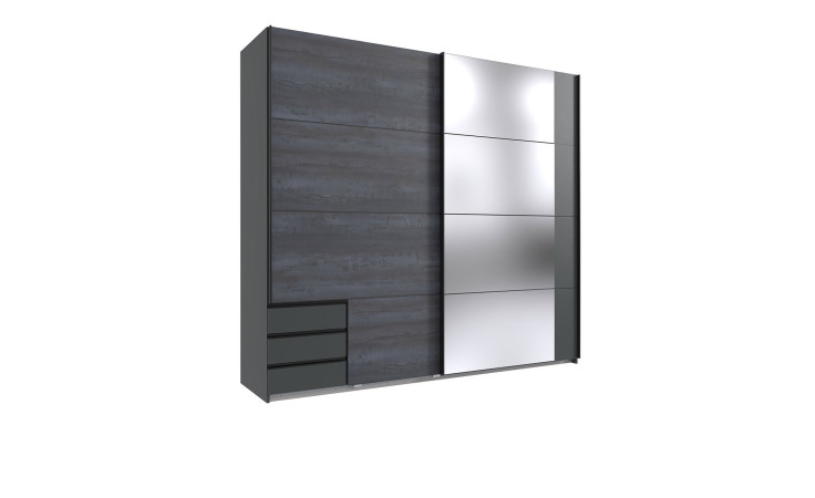 Schwebetürenschrank Petra in digi-steel-Optik und Graphit, mit Spiegel und 3 Schubkästen
