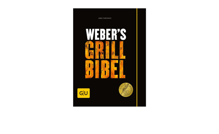 Weber's Grillbibel Buch, gebundene Ausgabe, mit orangefarbener Schrift, Goldsiegel und 320 Rezeptseiten.