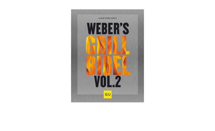 Metallic-Bucheinband, fettgedruckt "Weber's Grillbibel Vol. 2", Hardcover, 359 Seiten, GU-Logo am unteren Rand, von Weber.