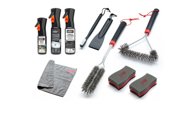 Weber Reinigungsset für Gasgrills aus Edelstahl: 8-teilig mit Bürsten, Schwämmen und Reinigungsflaschen.