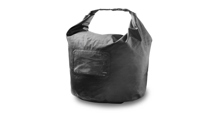 Weber Brennstoff-Aufbewahrungsbeutel aus PVB, schwarz, mit Fronttasche und Rollverschluss auf weißem Hintergrund.