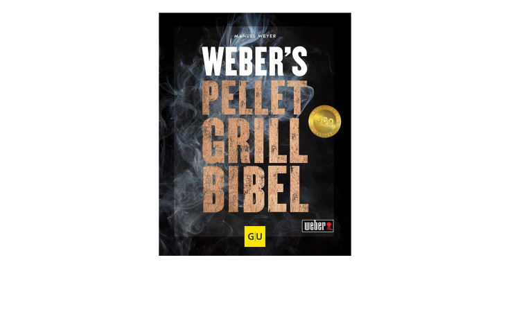 Weber Buch Weber's Pelletgrillbibel Umschlag: rauchiger Hintergrund, fetter Text, goldene Auszeichnung, plus Holzpellet Tipps & Tricks.