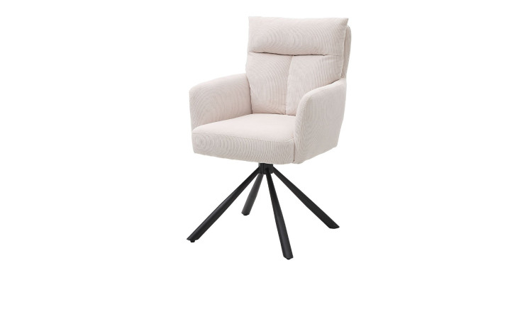 Armlehennstuhl Sarah in einem hellbeigen Cordstoff und schwarzem Metallfuß