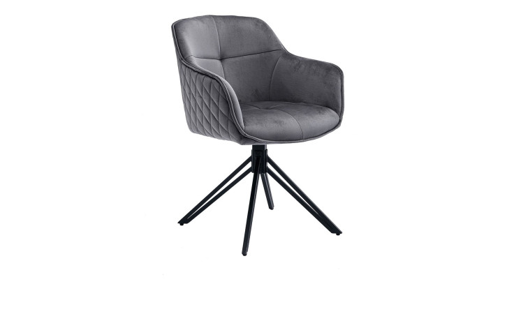 Armlehnenstuhl Elena mit einem grauen Samtstoffbezug und einem schwarzem Fuß. Schräge Seitenansicht