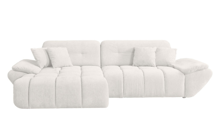 Wohnlandschaft Poppy in Weiß mit Ottomane links, pflegeleichter Microfaserbezug und moderner Steppung freigestellt vor weißem Hintergrund.