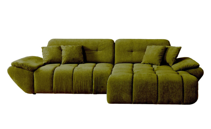 Wohnlandschaft Poppy in Grün mit Ottomane rechts, pflegeleichter Microfaserbezug und moderner Steppung freigestellt vor weißem Hintergrund.