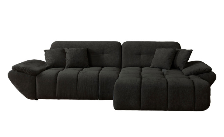 Wohnlandschaft Poppy in Schwarz mit Ottomane rechts, pflegeleichter Microfaserbezug und moderner Steppung freigestellt vor weißem Hintergrund.