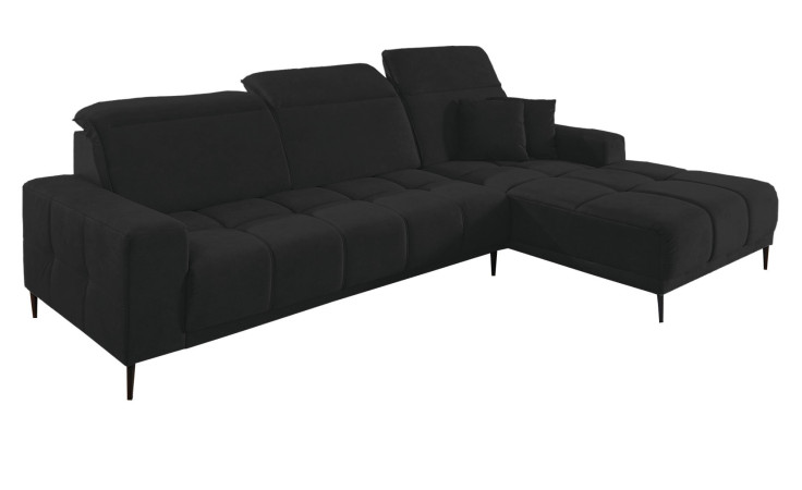 Komfort-Wohnlandschaft Luan in einem schwarzen Bezugsstoff mit zwei Zierkissen.