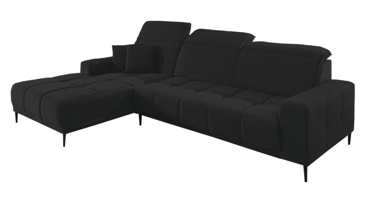 Komfort-Wohnlandschaft Luan in einem schwarzen Bezugsstoff mit zwei Zierkissen.