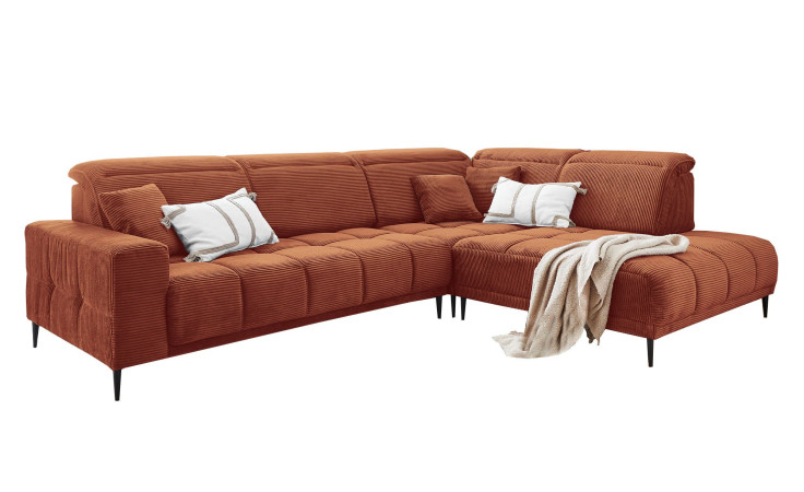 Komfort-Wohnlandschaft Luan in einem orangefarbenen Cordstoff.