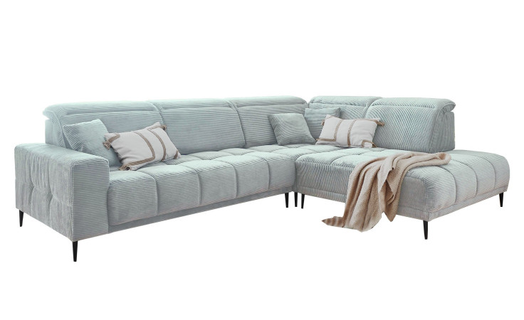Wohnlandschaft Luan in Mint Creme in Cord-Optik, Anbauecke rechts und feiner Steppung freigestellt auf weißem Grund.