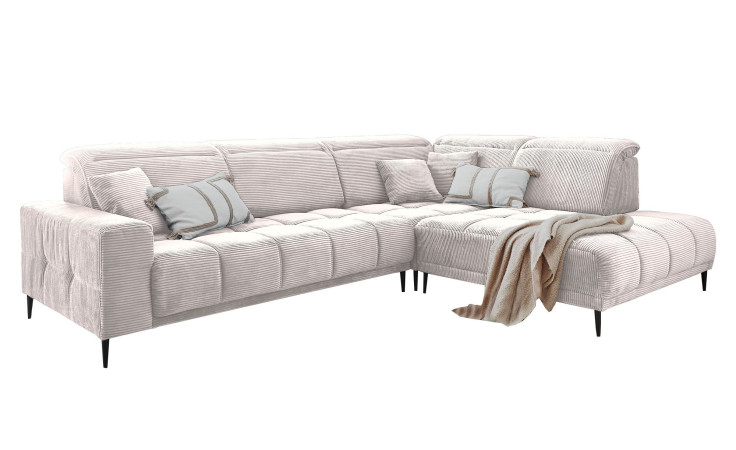 Wohnlandschaft Luan in Rosa Creme in Cord-Optik, Anbauecke rechts und feiner Steppung freigestellt auf weißem Grund.