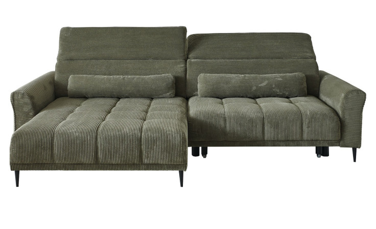 Wohnlandschaft Lilly in einem grünen Cordstoff mit zwei Zierkissen.