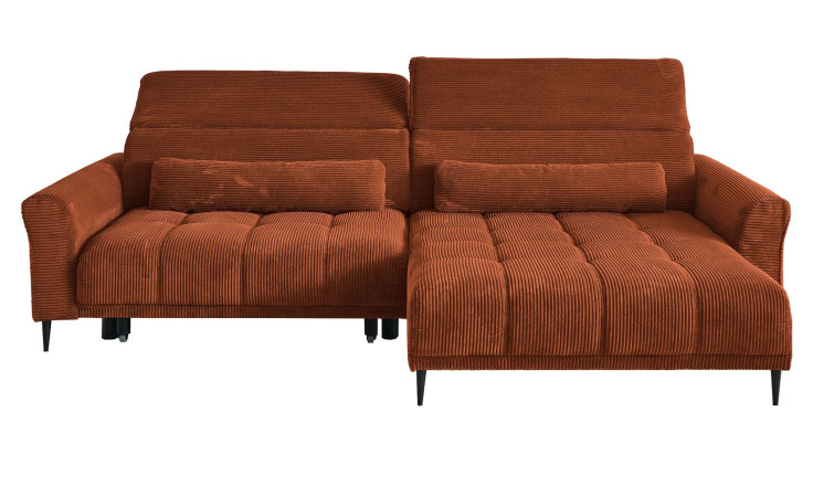 Komfort-Wohnlandschaft Lilly in einem orangefarbenen Cordstoff mit zwei Zierkissen.