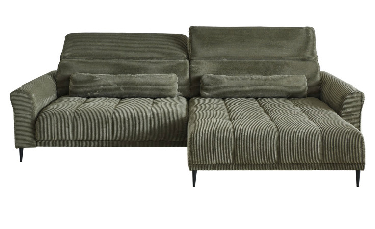 Wohnlandschaft Lilly in Grün mit Cord-Optik, Ottomane rechts, Kopfteilverstellung und gestepptem Bezug freigestellt auf weißem Grund.