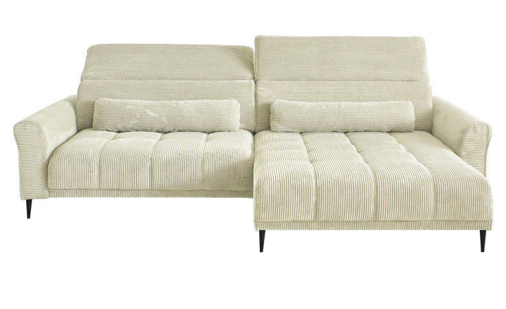 Wohnlandschaft Lilly in Creme mit Cord-Optik, Ottomane rechts, Kopfteilverstellung und gestepptem Bezug freigestellt auf weißem Grund.