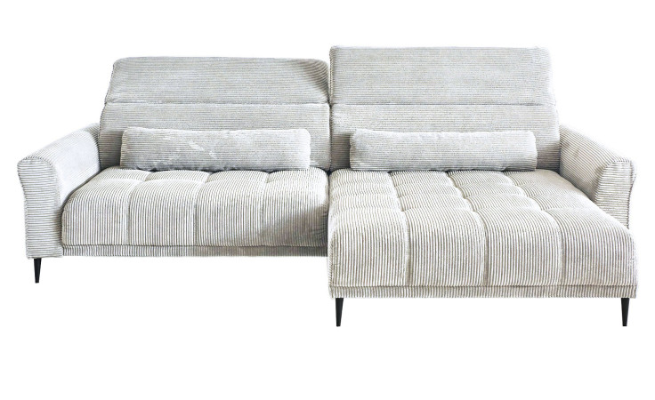 Wohnlandschaft Lilly in Weiß mit Cord-Optik, Ottomane rechts, Kopfteilverstellung und gestepptem Bezug freigestellt auf weißem Grund.