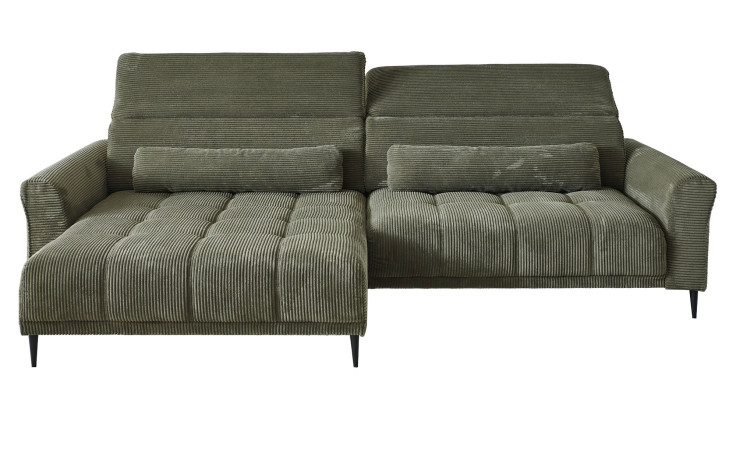 Wohnlandschaft Lilly in Grün mit in Cord-Optik, Ottomane links, Kopfteilverstellung und gestepptem Bezug freigestellt auf weißem Grund.