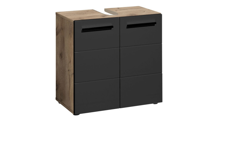Waschbeckenunterschrank Viona mit einer Front in schwarz matt und einem Korpus in Viking Oak