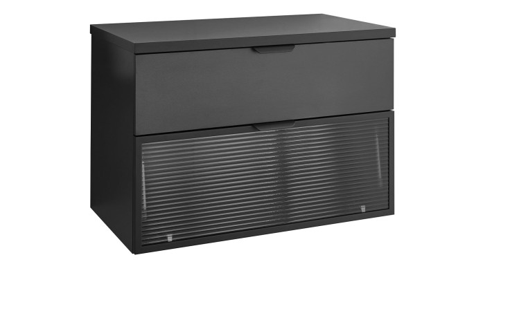 Waschbeckenunterschrank Dark mit einer Front in schwarz aus Holzwerkstoff und Glas und einem schwarzen Korpus