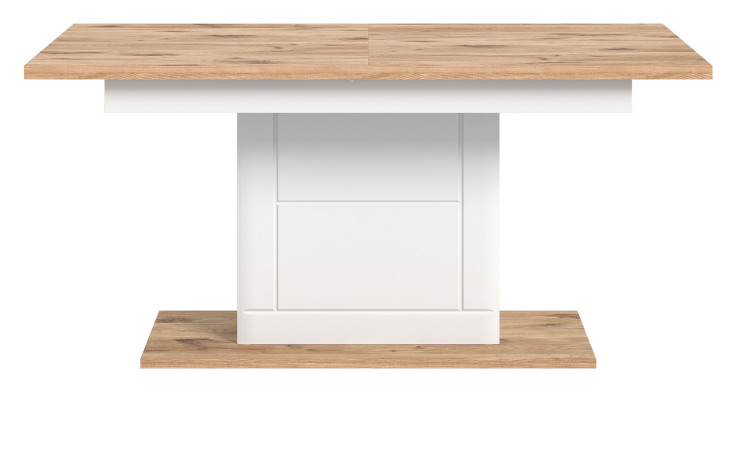 Esstisch Manhatten mit einer Tisch- und Bodenplatte in Nox Oak und einem weißen Gestell. Frontalansicht.