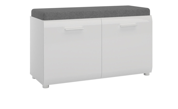 Schuhbank Mestre mit einer Front in Weiß Hochglanz und einem Korpus in Alpinweiß. Zusätzliches Kissen in Grau.