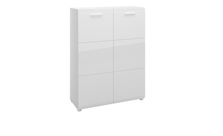 Schuhschrank Mestre mit einer Front in Weiß Hochglanz und einem Korpus in Alpinweiß. Mit silbernen Griffen und Füßen.