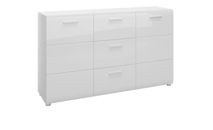 Kommode Mestre mit einer Front in Hochglanz Weiß und einem Korpus in Alpinweiß. Mit silbernen Griffen und Füßen.