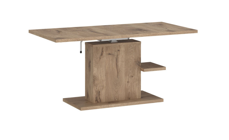 Couchtisch Cervon in Viking-Eiche-Dekor mit einem Säulenfuß und einer weiteren Ablagemöglichkeit unterhalb der Tischplatte schräg aufgestellt.