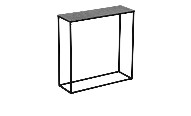 Konsolentisch Anisha mit einem schwarzen Gestell und einer silbernen Metalltischplatte. Schräge Seitenansicht