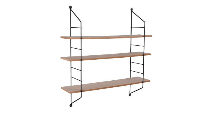 Wandregal Ella mit einem Schwarzen Gestell und Holzablageböden. Schräge Seitenansciht