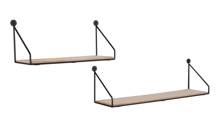Wandregal 2er-Set mit einem Gesatell in Schwarz und Ablageböden aus Holz. Schräge Seitenansicht