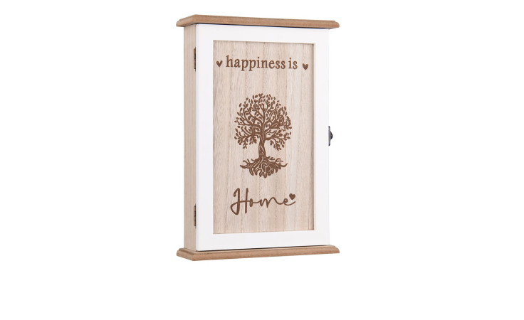 Schlüsselbox Sandra: Holzfarben, Baum-Motiv, "Glück ist Heimat" Gravur, mit 6 Haken.